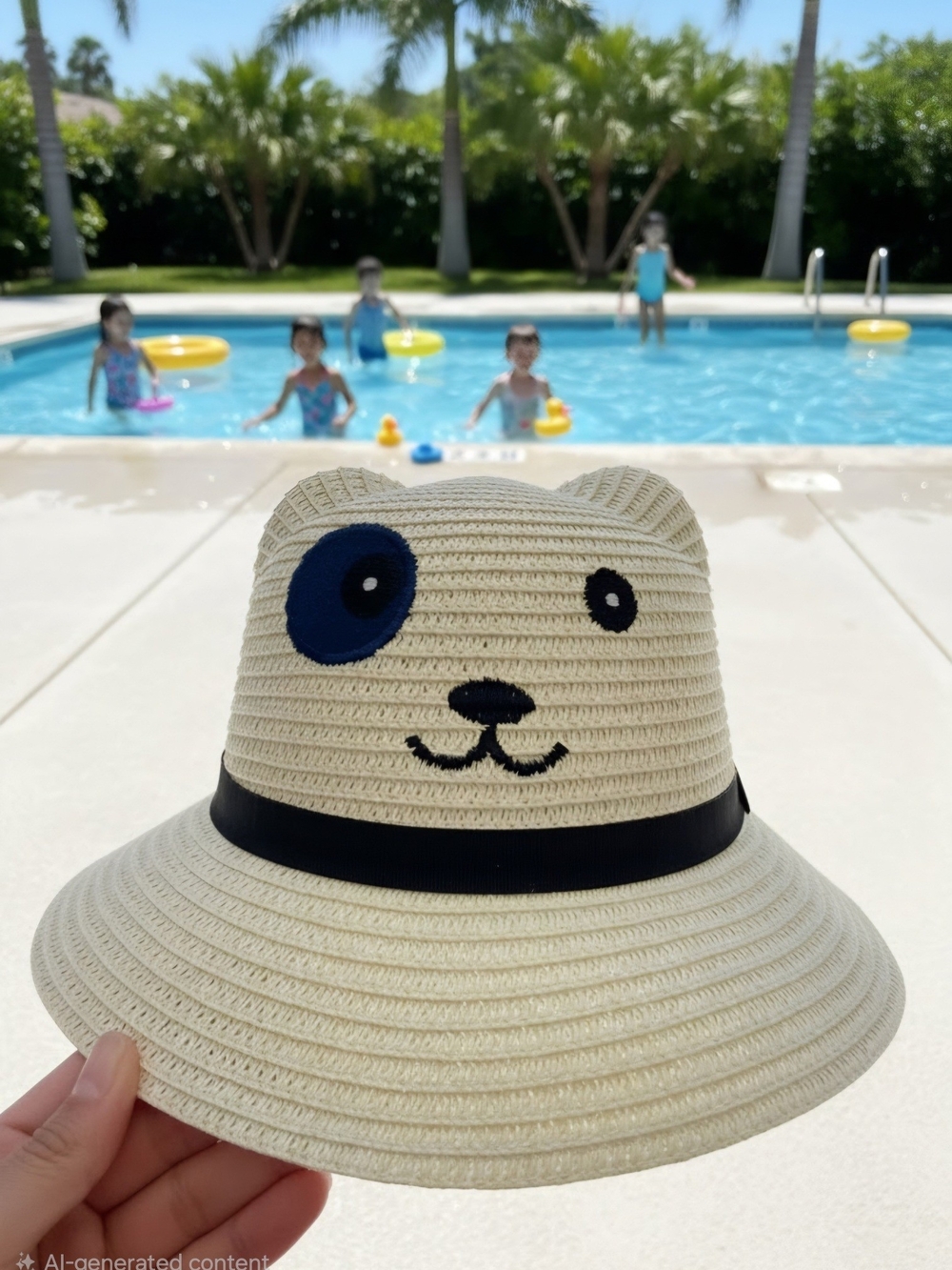 Kids Cream Bear Straw Sun Hat with Black Band